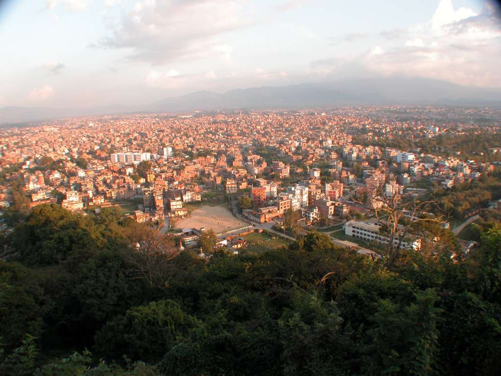 Manaslu 00 11 Kathmandu View from Swayambhunath From Swayambhunath on the forested hill on the western edge of the Kathmandu Valley, I had a great evening view of Kathmandu stretched out below.